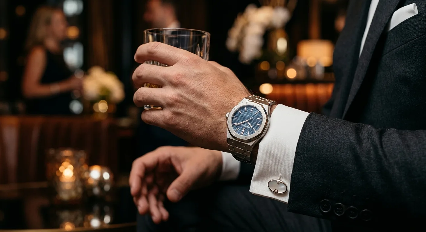 A man in a suit and watch holds a drink in a dimly lit, upscale setting.