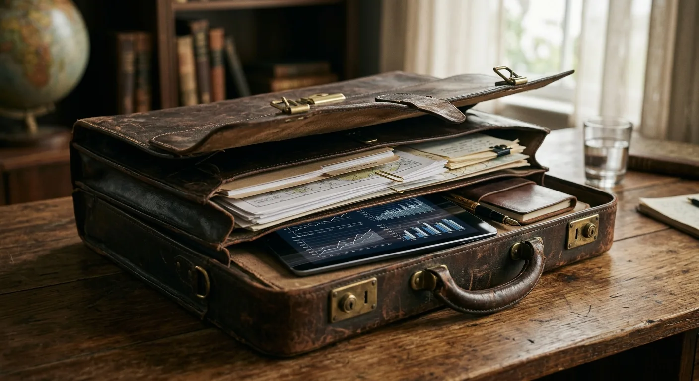 An open vintage leather briefcase on a wooden desk, revealing a tablet with financial charts, documents, and a notebook.