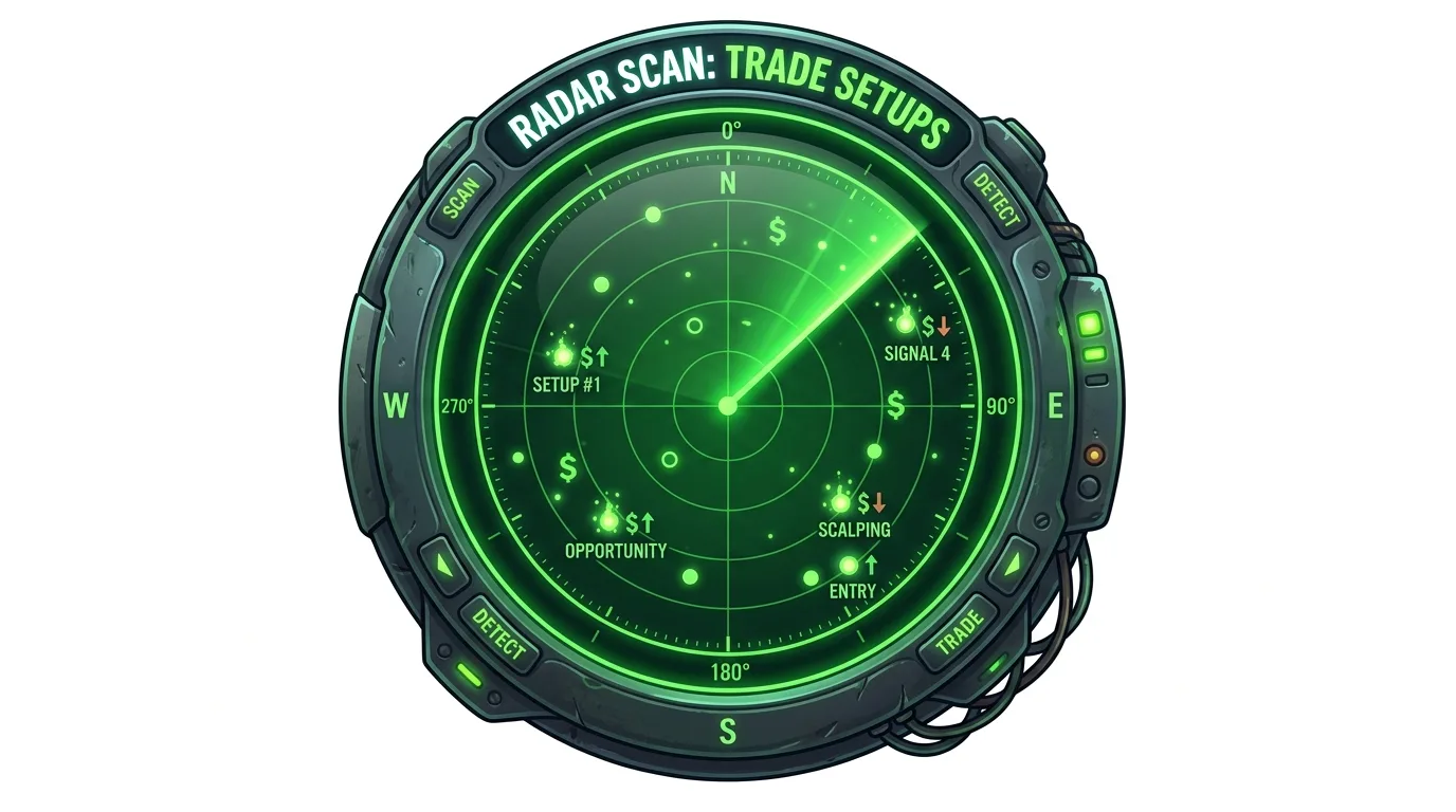 A green radar screen displaying "RADAR SCAN: TRADE SETUPS" with various trading signals.