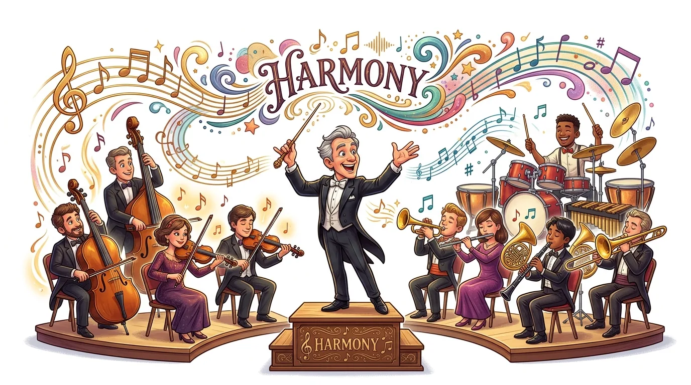 A vibrant cartoon orchestra with a conductor, string, brass, and percussion sections.