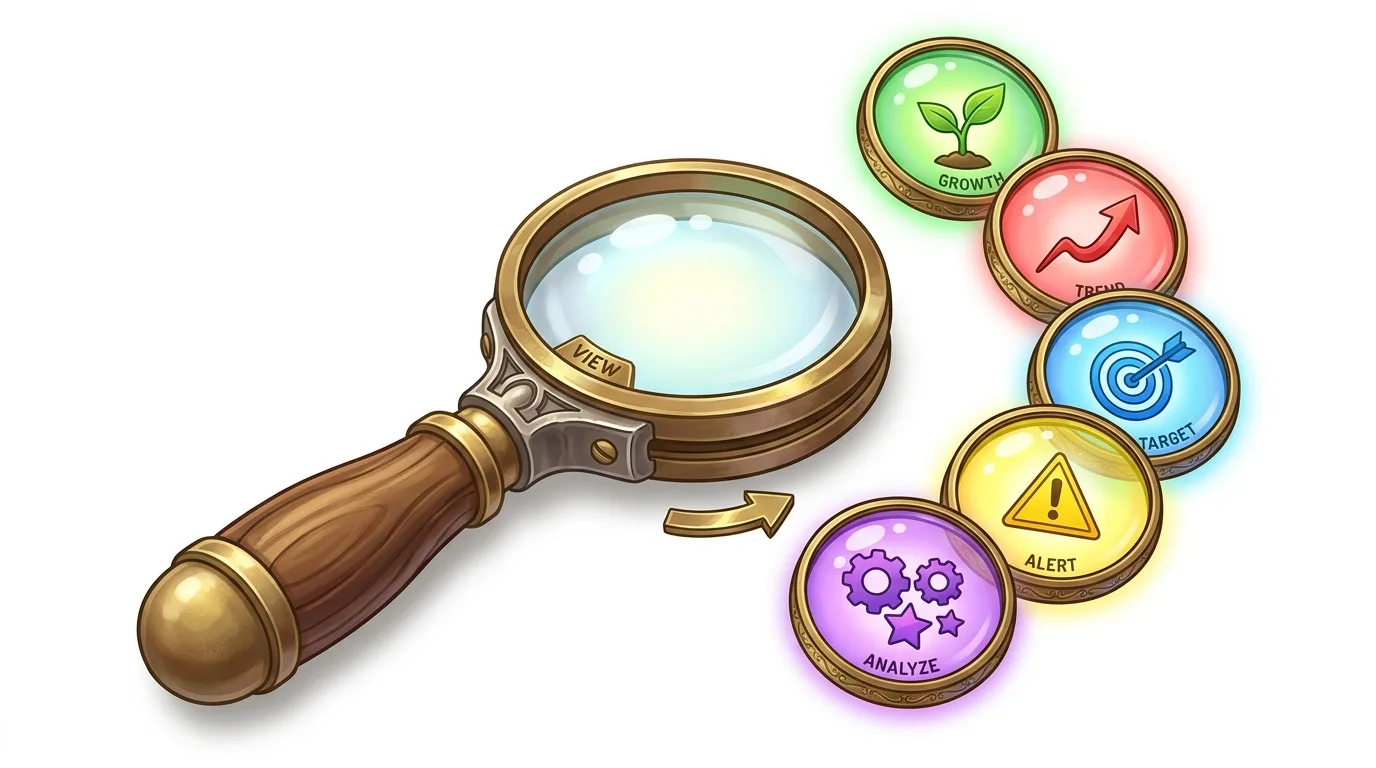 A magnifying glass labeled "VIEW" points to a series of glowing circular icons representing "ANALYZE," "ALERT," "TARGET," "TREND," and "GROWTH."