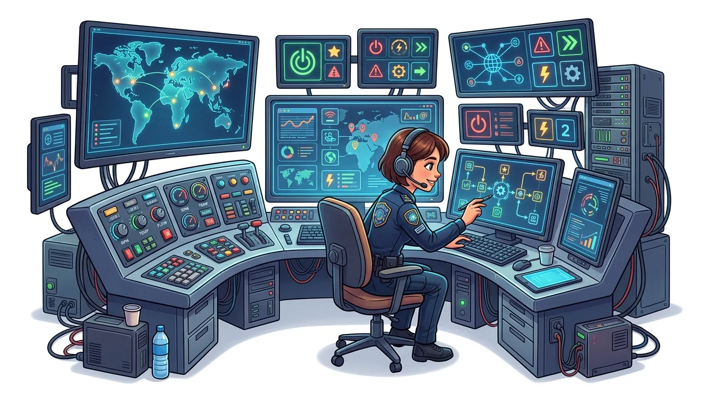 A woman in uniform monitors multiple screens in a high-tech control room.