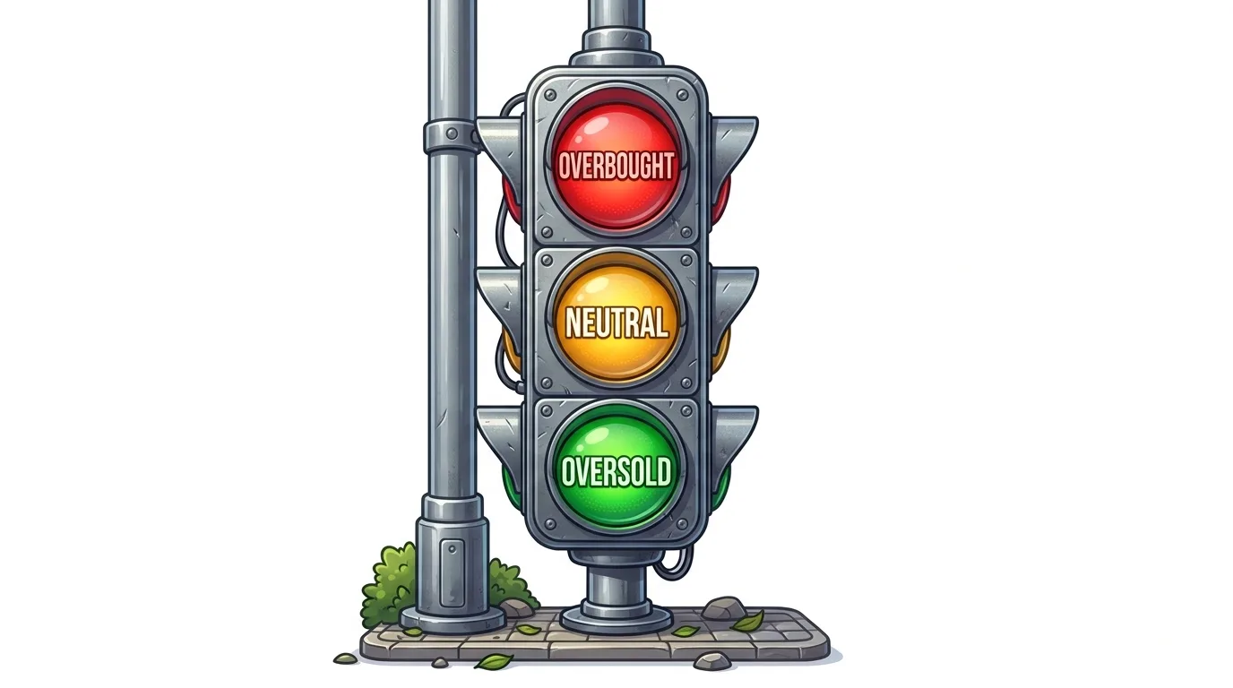 A cartoon traffic light with "OVERBOUGHT" (red), "NEUTRAL" (yellow), and "OVERSOLD" (green) signals.