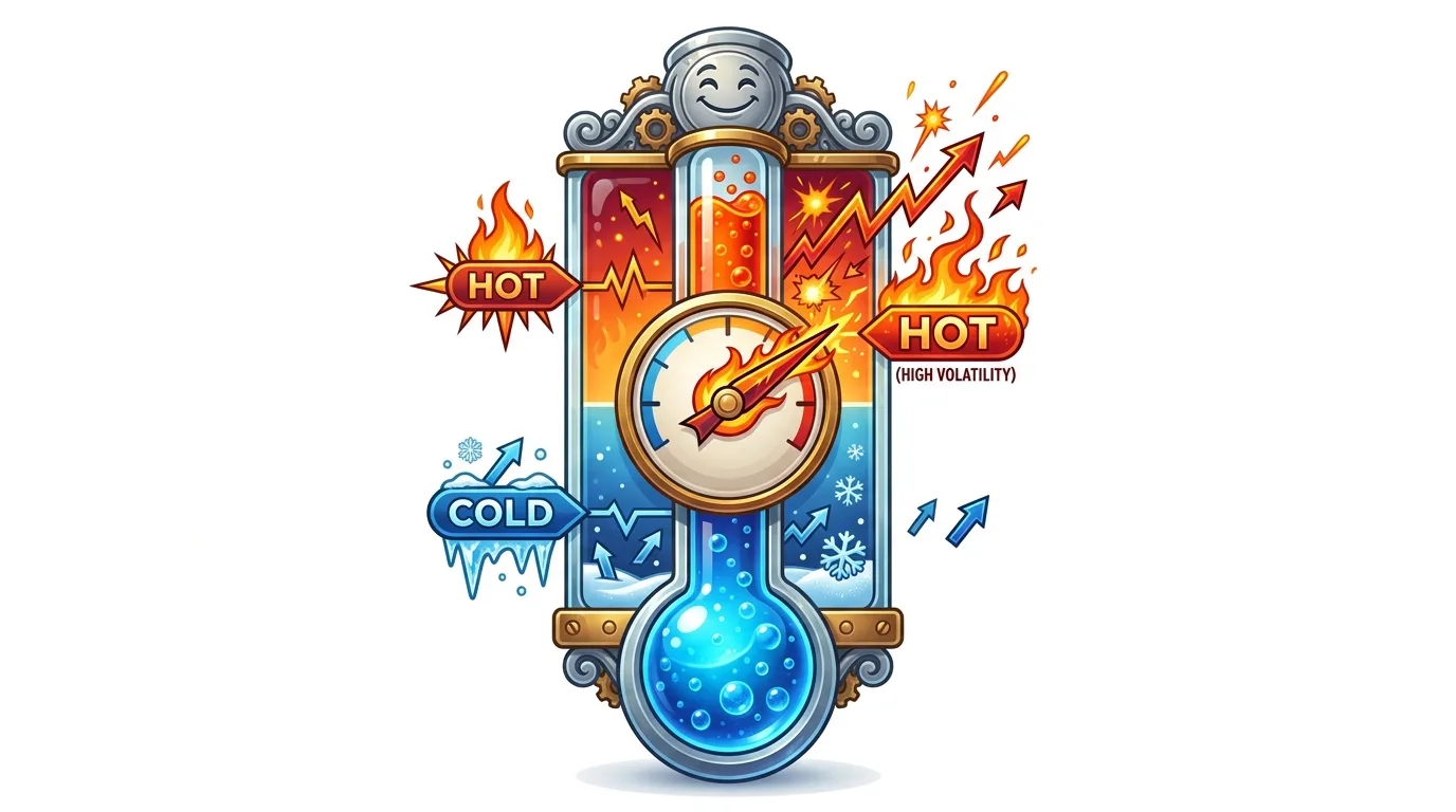 A stylized thermometer illustrates market volatility, with "HOT" representing high volatility and "COLD" representing low volatility.