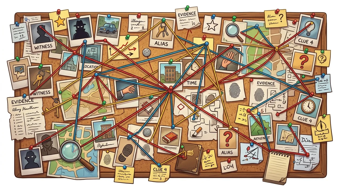 A corkboard covered with interconnected clues, photos, and notes, forming a complex investigation web.