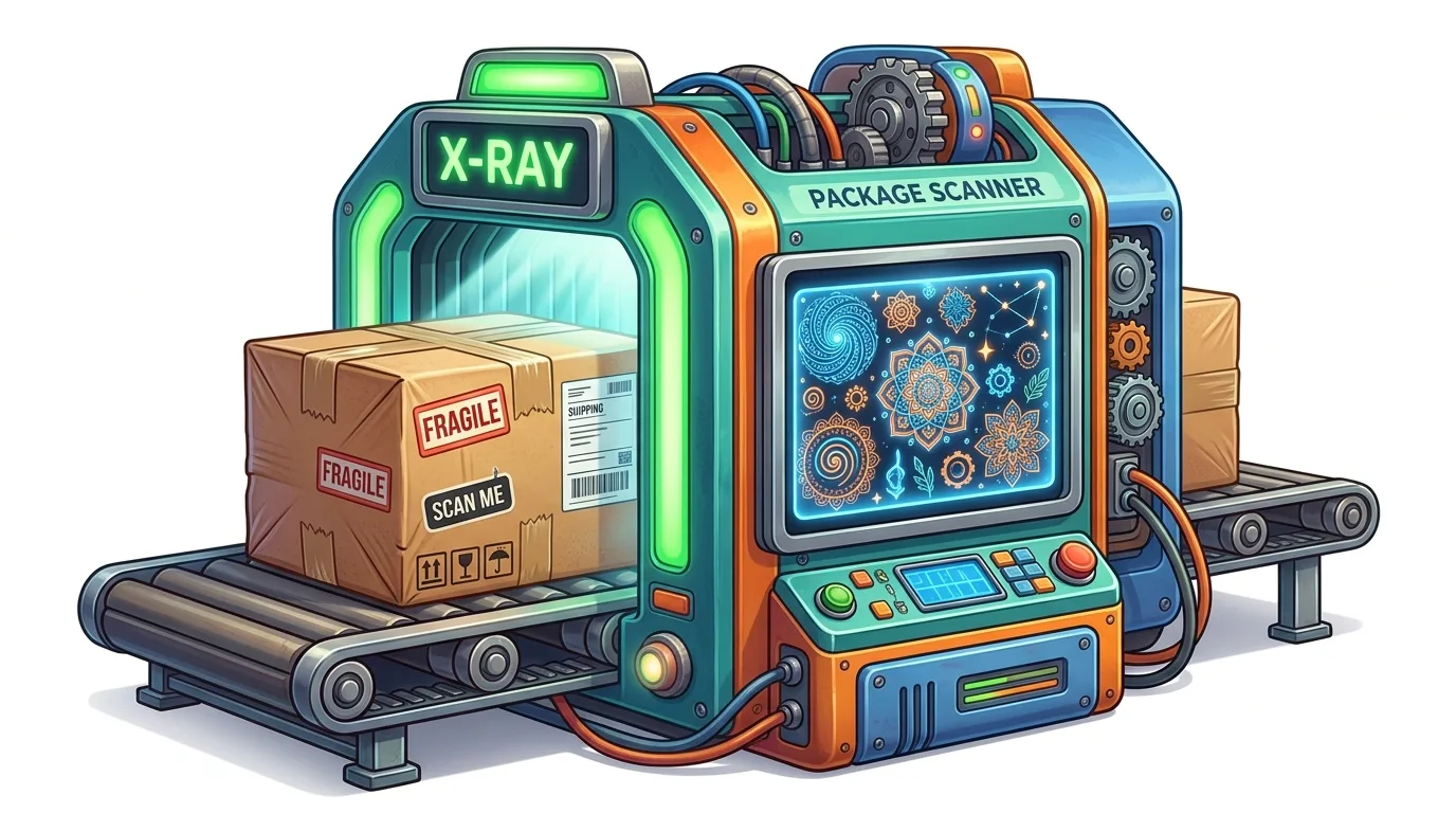 A colorful X-ray package scanner with a box on a conveyor belt, displaying intricate patterns.