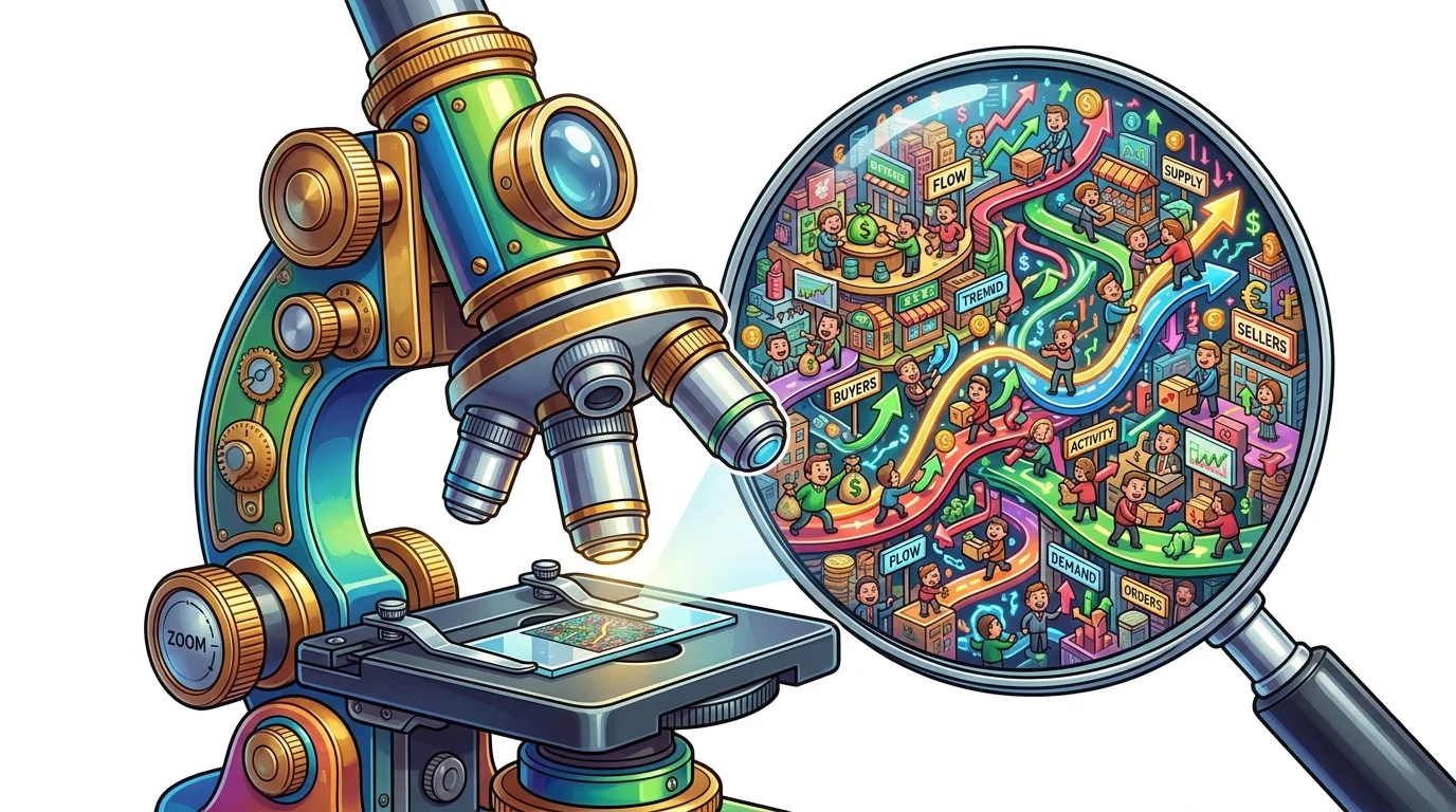 A microscope examines a complex economic system with buyers, sellers, and market activity.