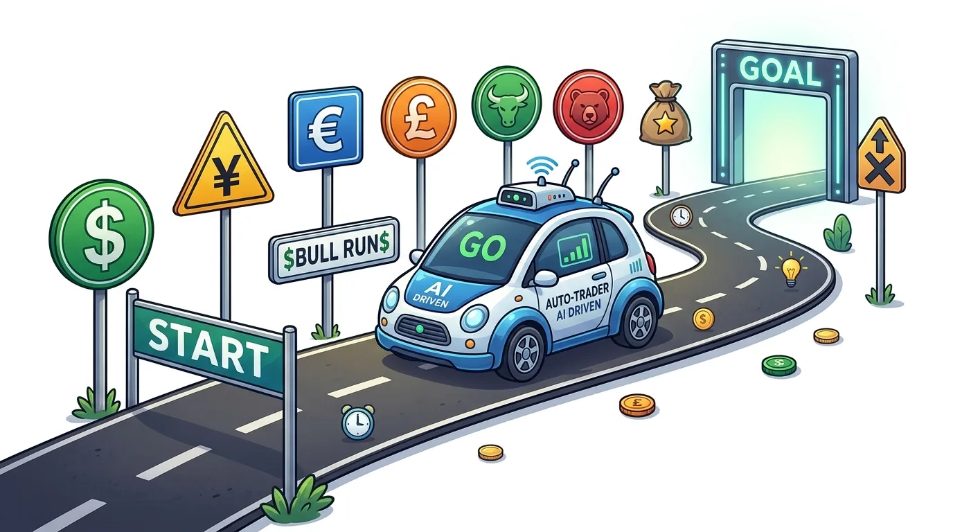 An AI-driven auto-trader car navigates a road towards a "GOAL" through financial market symbols.