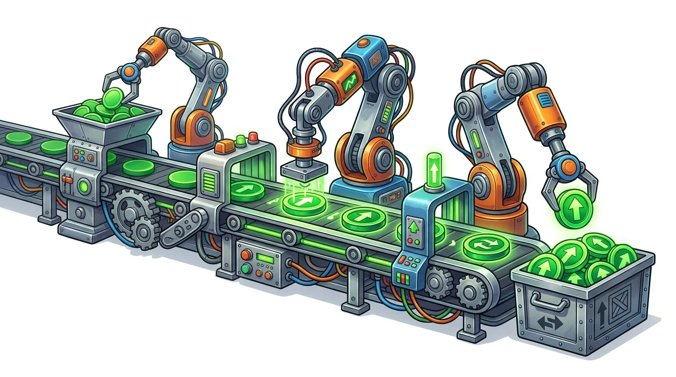 An automated factory line with robotic arms processing green tokens with arrows.