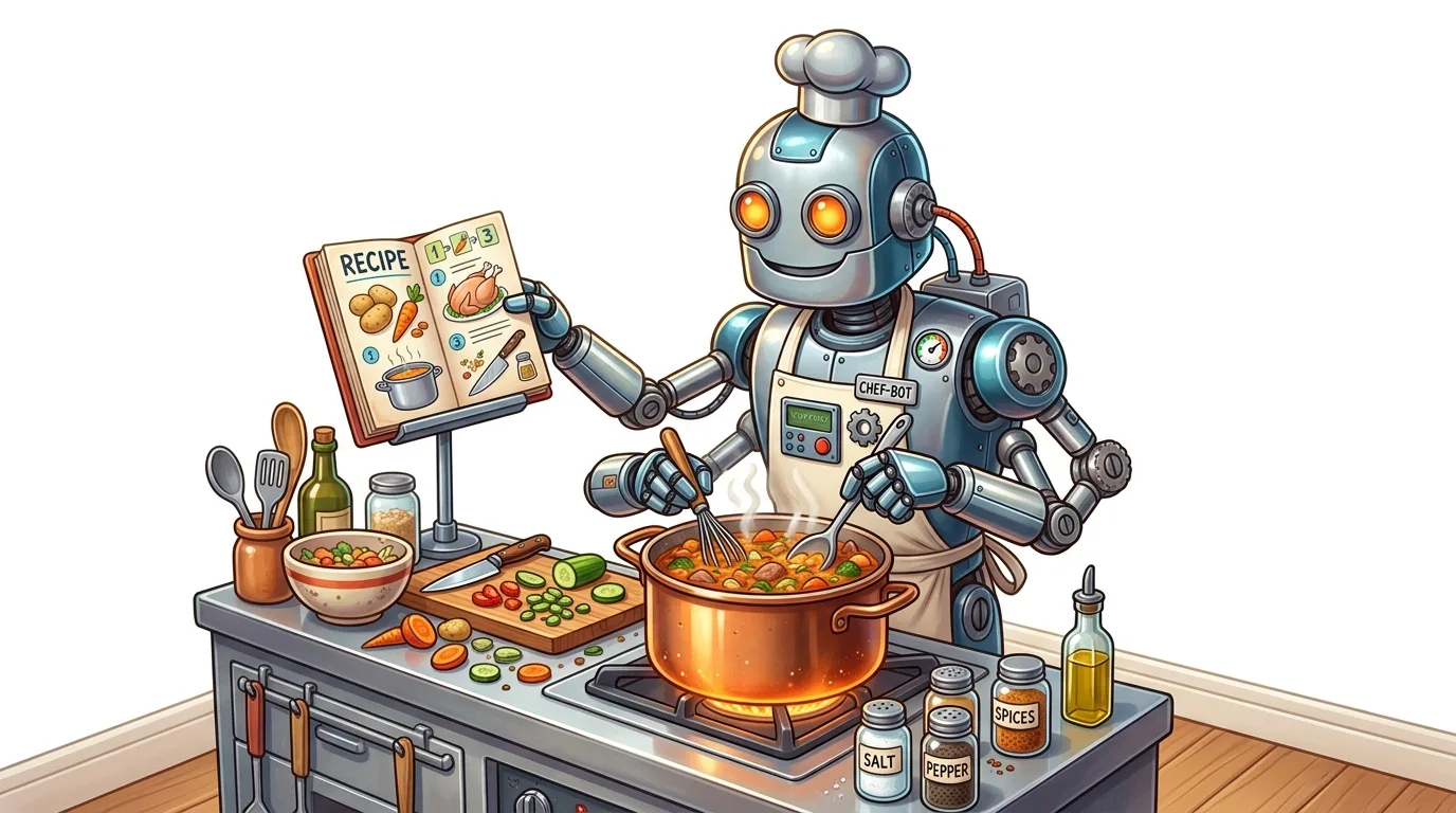 A cheerful robot chef in an apron cooks a meal, following a recipe book.
