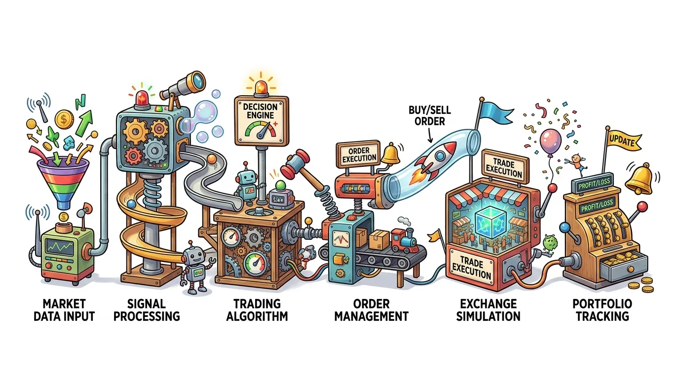 A whimsical Rube Goldberg-like machine illustrates the automated trading process from data input to portfolio tracking.