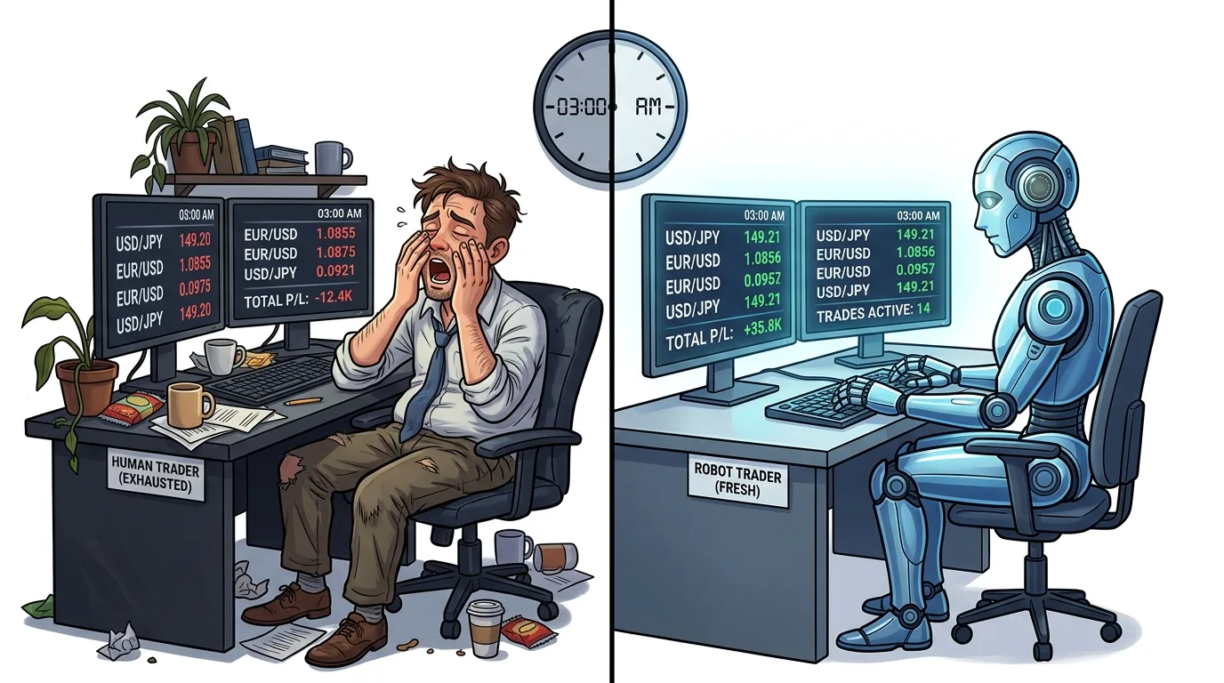 A human trader is exhausted and losing money at 3 AM, while a robot trader is fresh and profitable.