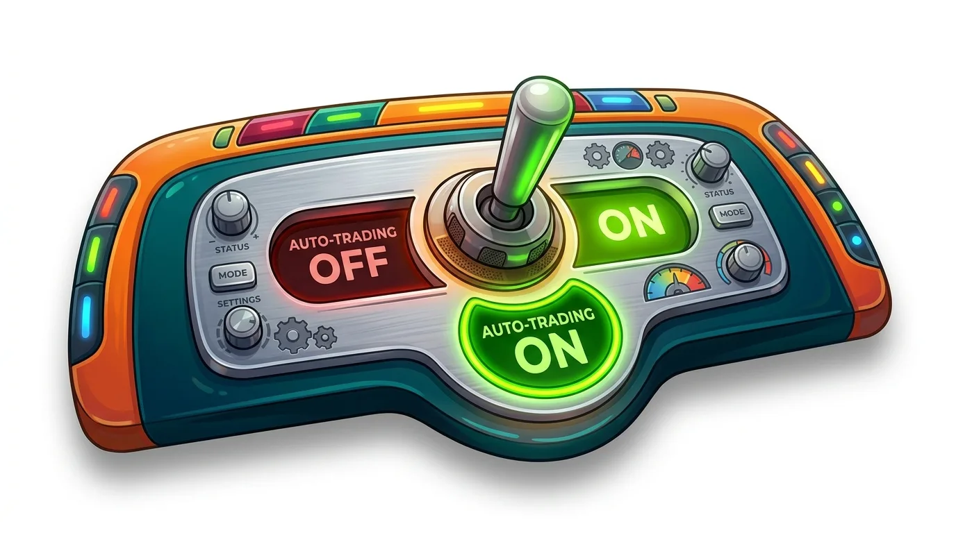 A cartoon-style control panel with a central lever, showing "Auto-Trading OFF" in red and "Auto-Trading ON" in green.