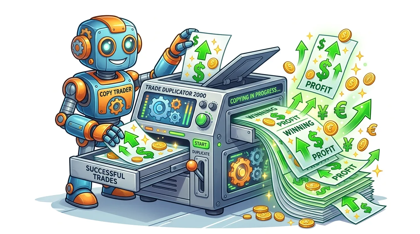 A cartoon robot uses a "Trade Duplicator 2000" to print out sheets of "PROFIT" and "WINNING" trades.