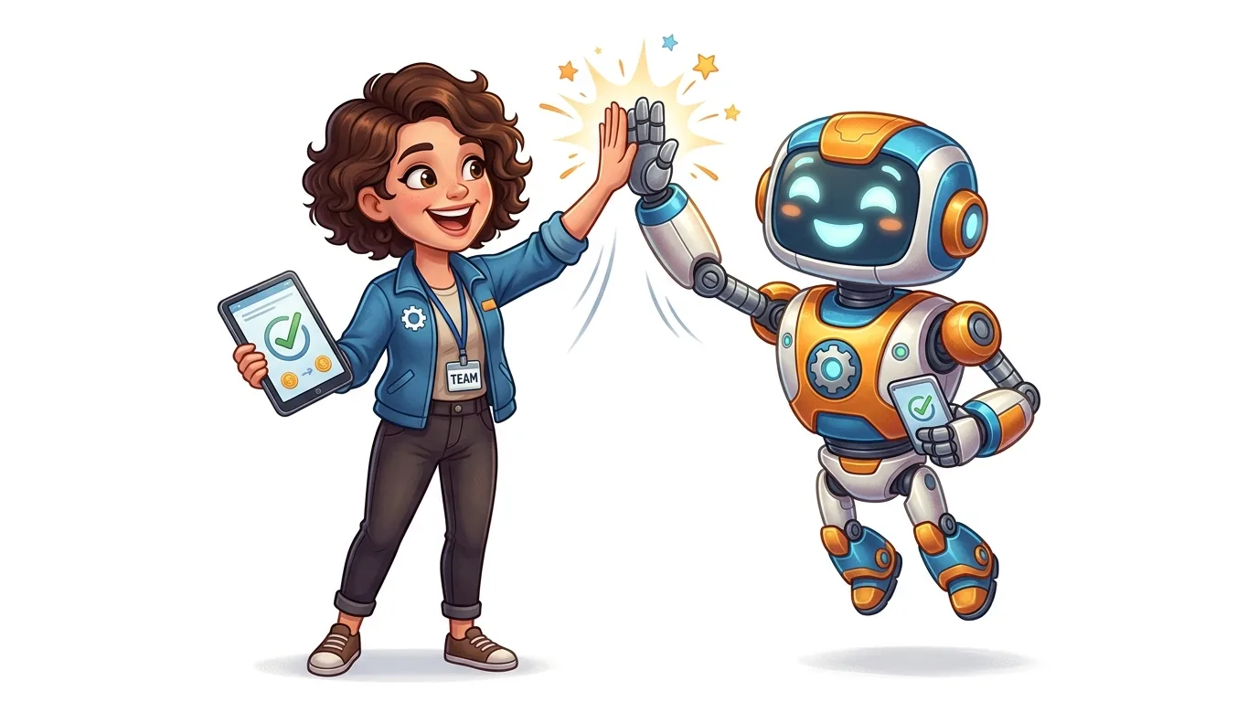 A cartoon woman and a robot high-five, both holding devices with checkmarks, symbolizing teamwork and success.