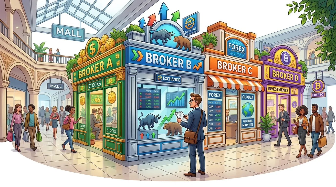 A bustling mall features various financial brokerages like stocks, forex, and crypto.