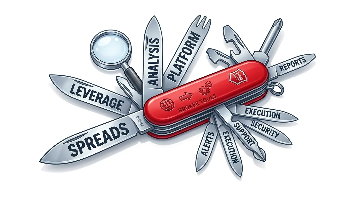 A Swiss Army knife with blades labeled with various trading and broker tools.