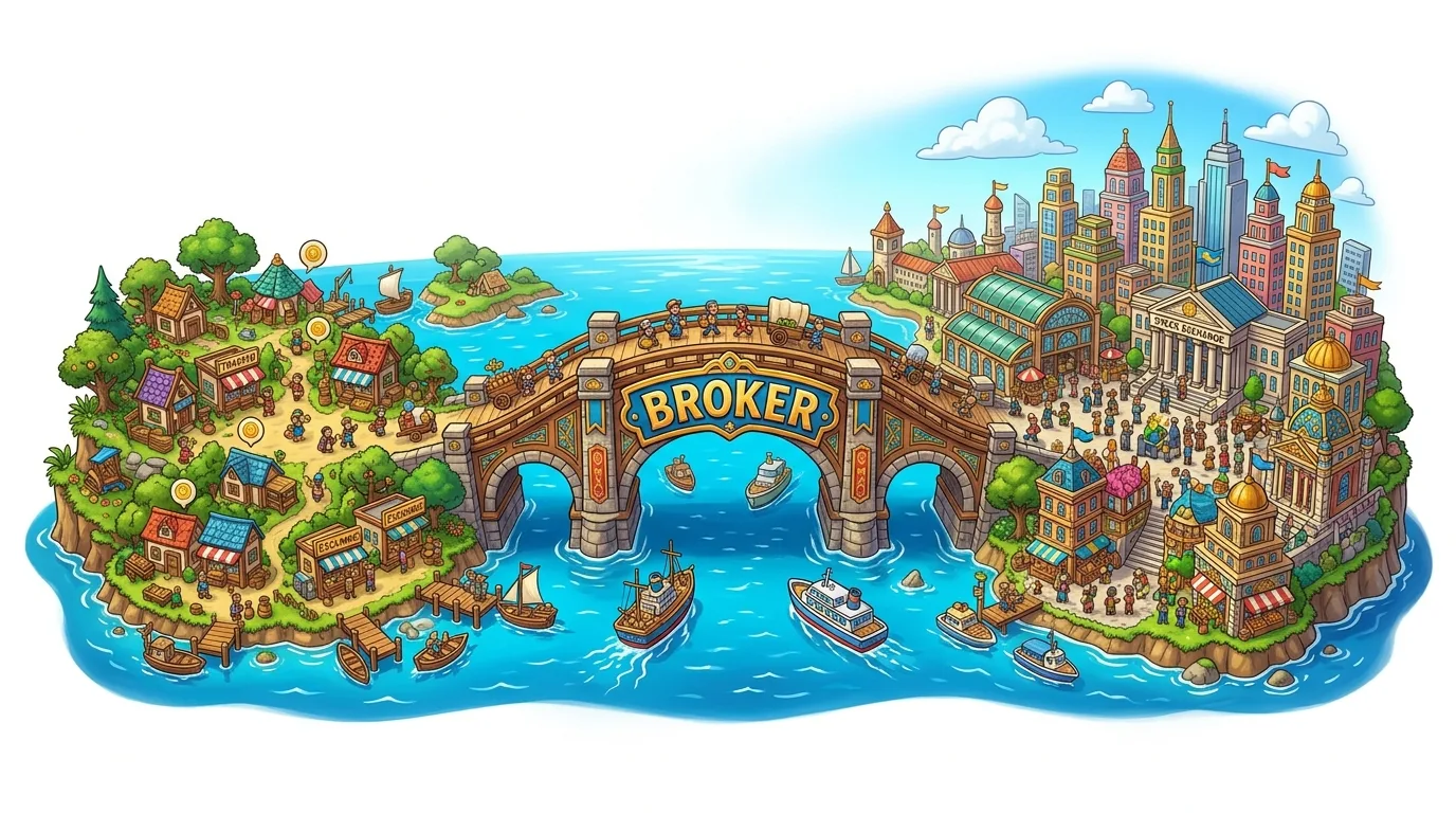 A vibrant, cartoon-style illustration depicting a bridge connecting a rural market to a modern city.