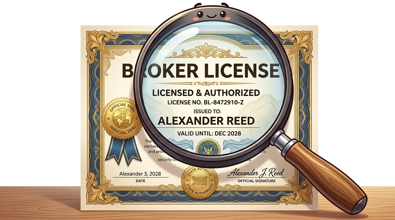 A magnifying glass highlights a 'Broker License' certificate issued to Alexander Reed.