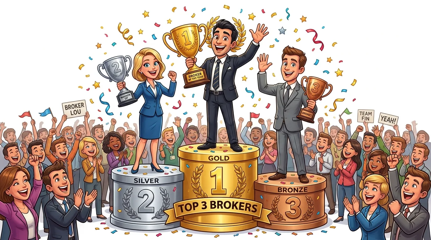 Three brokers stand on a podium with trophies, celebrated by a cheering crowd.