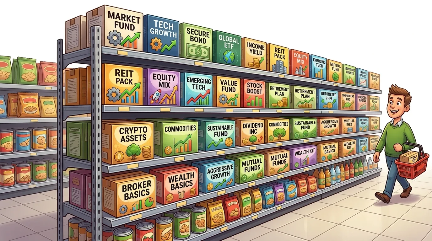 A man shops for various investment products in a supermarket-like setting.