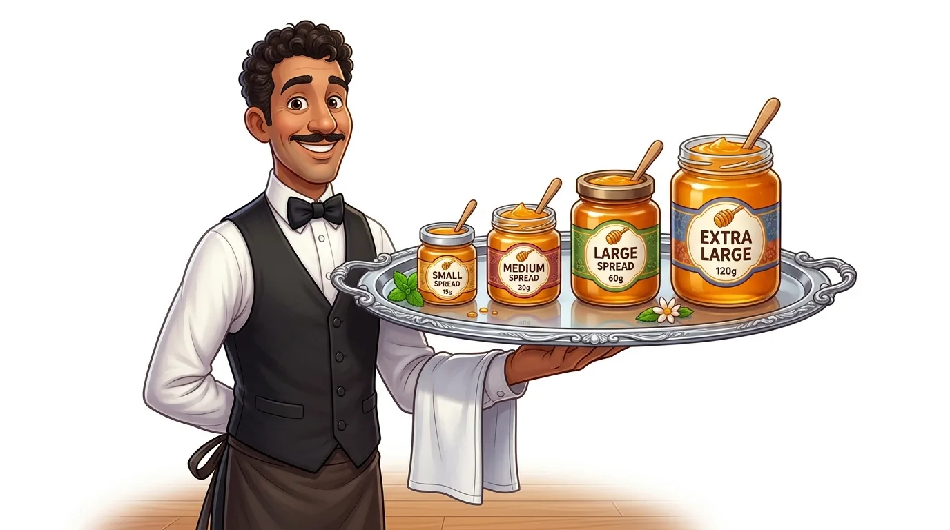 A smiling waiter presents a tray with four jars of honey, labeled small, medium, large, and extra-large spread.