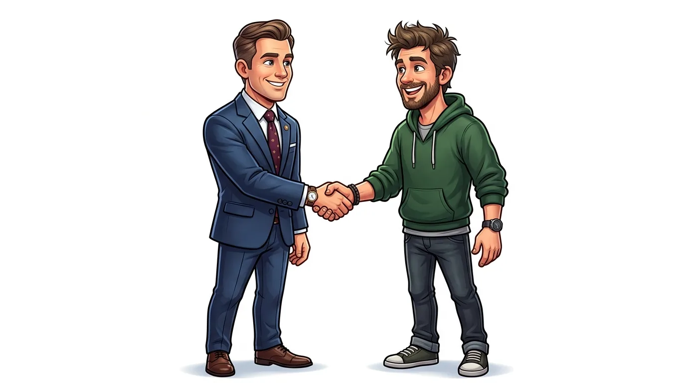 Two men, one in a suit and one in a hoodie, shake hands, symbolizing a deal or agreement.