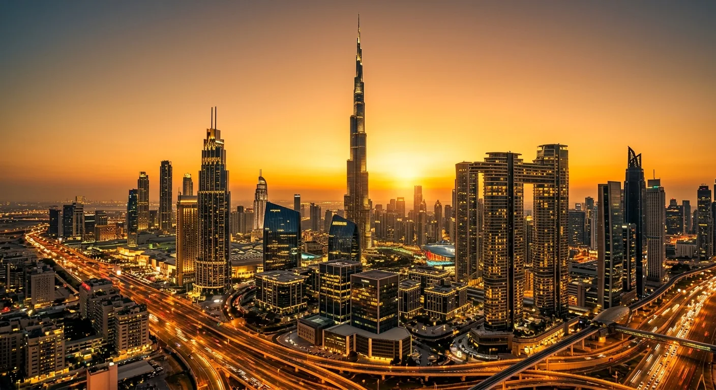 A stunning panoramic view of Dubai's illuminated skyline at sunset, featuring the Burj Khalifa.