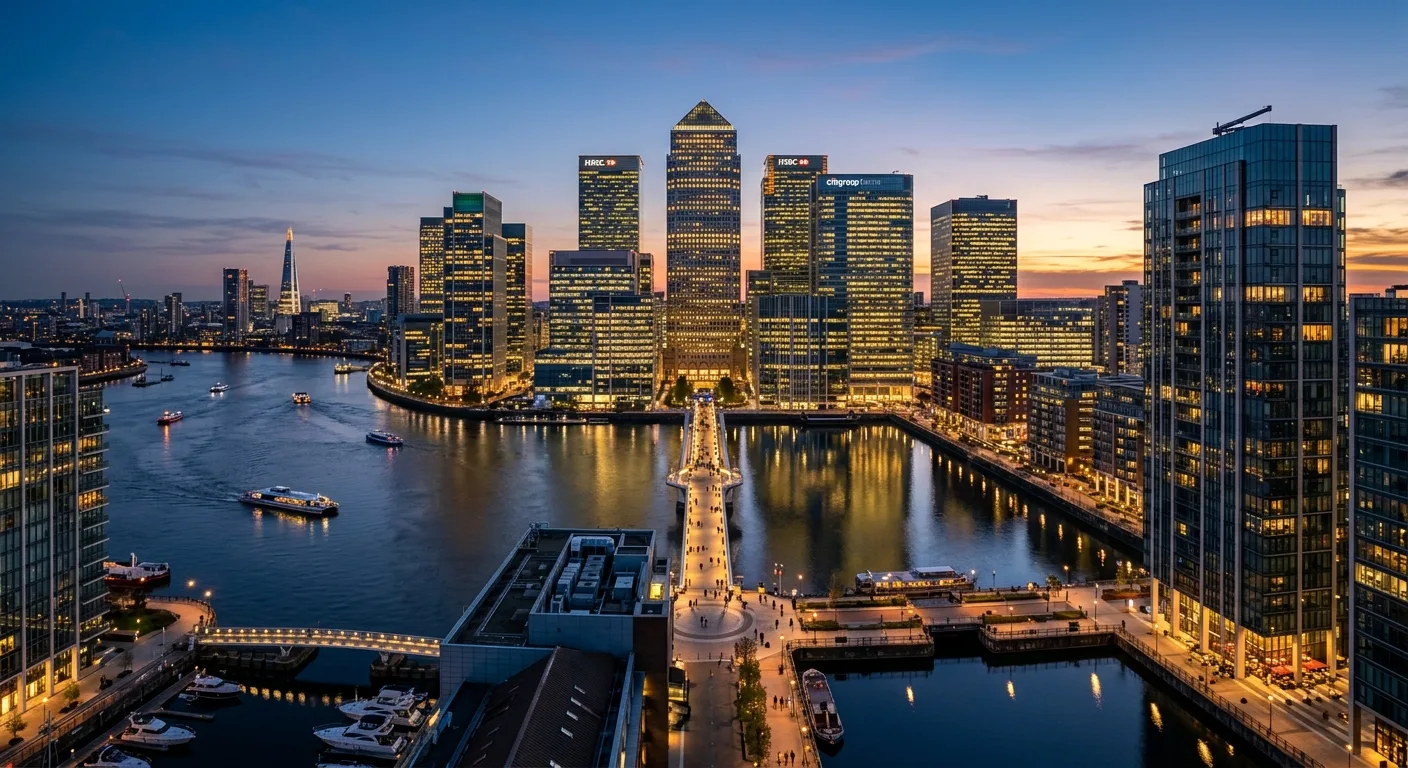 An aerial view of Canary Wharf at dusk, with illuminated skyscrapers and boats on the Thames.