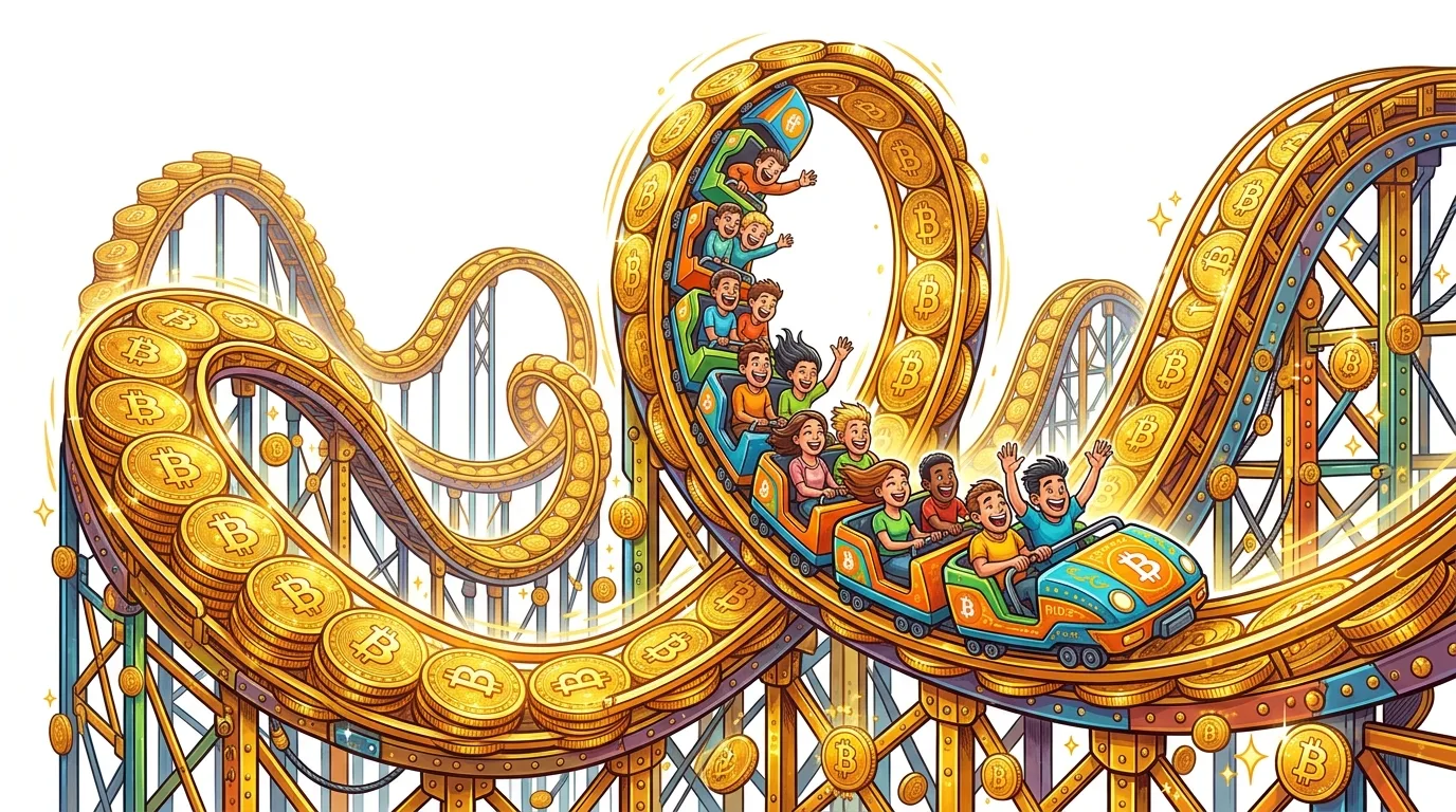 A vibrant illustration of people riding a rollercoaster made of Bitcoin coins.