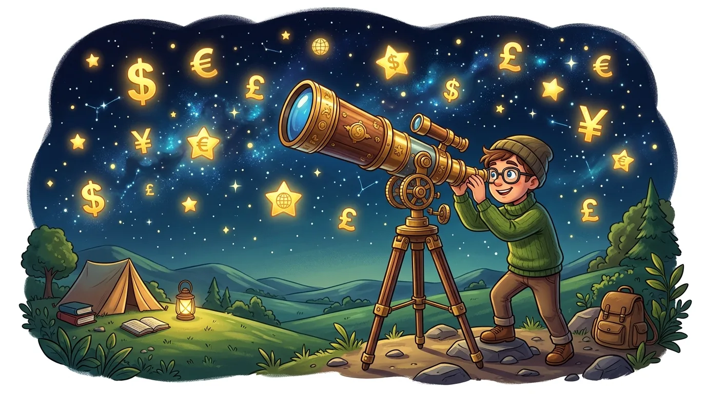 A boy uses a telescope to observe a night sky filled with glowing currency symbols and stars.