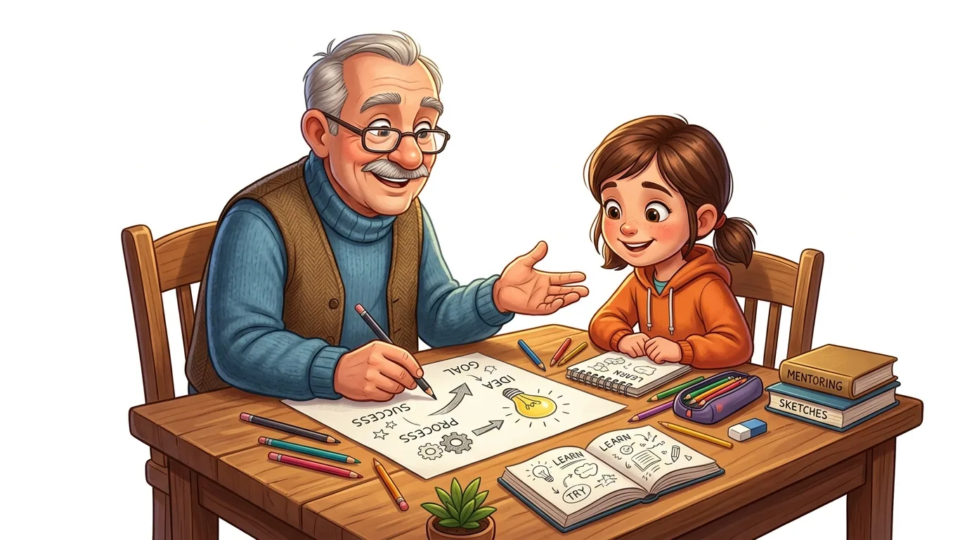 An older man mentors a young girl, drawing a "success" diagram on a wooden table.