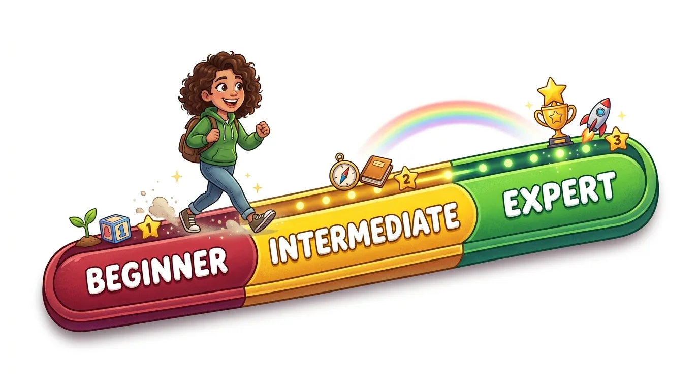 A cartoon character progresses along a skill bar from "Beginner" to "Expert."