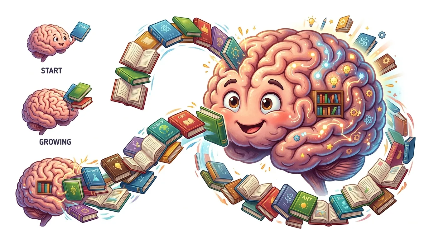 A cartoon brain evolves from starting with one book to being filled with knowledge and ideas.