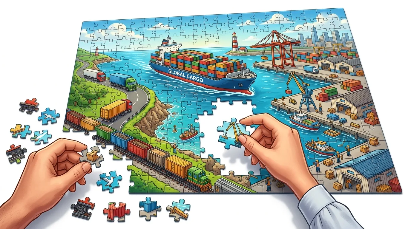 A person assembling a puzzle depicting a vibrant global cargo and logistics scene.