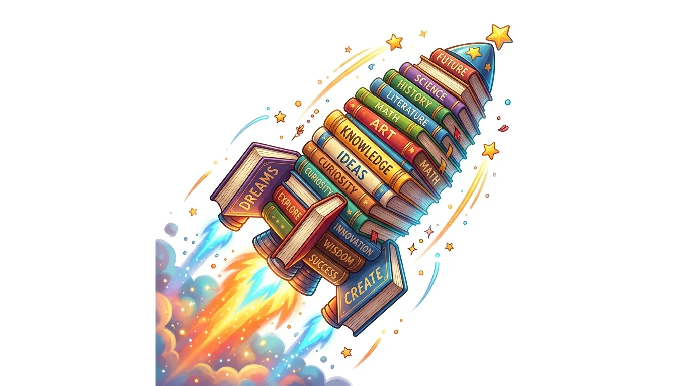A colorful rocket made of books, with words like 'Knowledge', 'Ideas', and 'Future' on their spines, takes off with fiery exhaust.