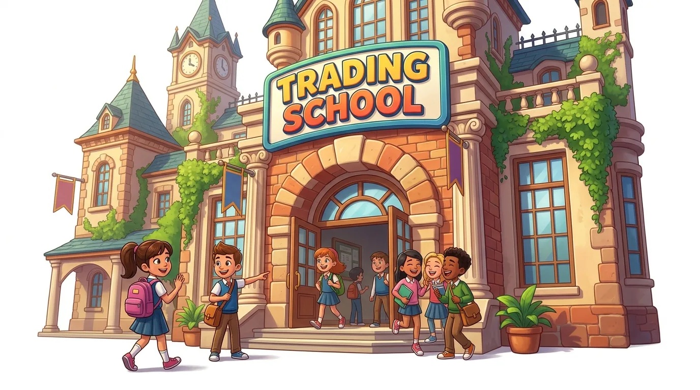 A cartoon image of a "Trading School" building with diverse students entering and leaving.