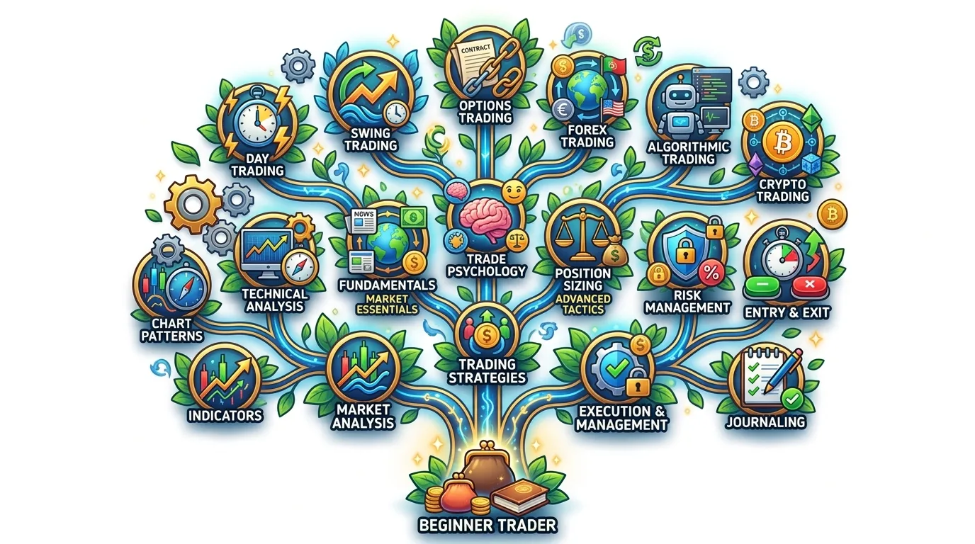 A detailed infographic illustrating various aspects of trading, from beginner to advanced strategies.