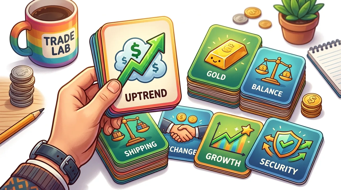 A hand holds an 'Uptrend' card among other trading-themed cards, a mug, and coins.