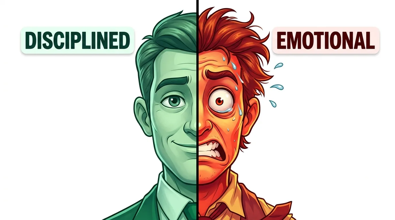 A split image showing a calm, disciplined man on the left and a stressed, emotional man on the right.