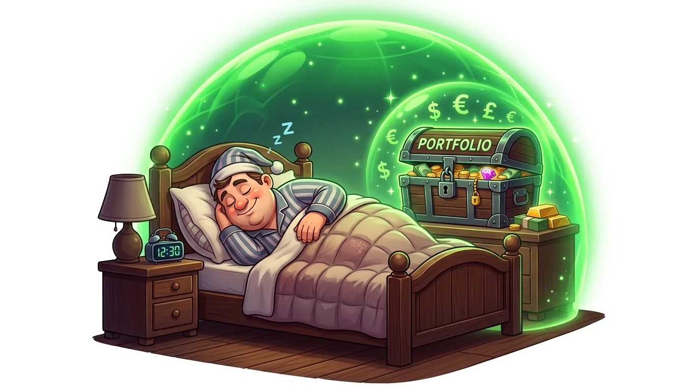A man sleeps soundly in bed while his treasure chest portfolio is protected by a green shield.