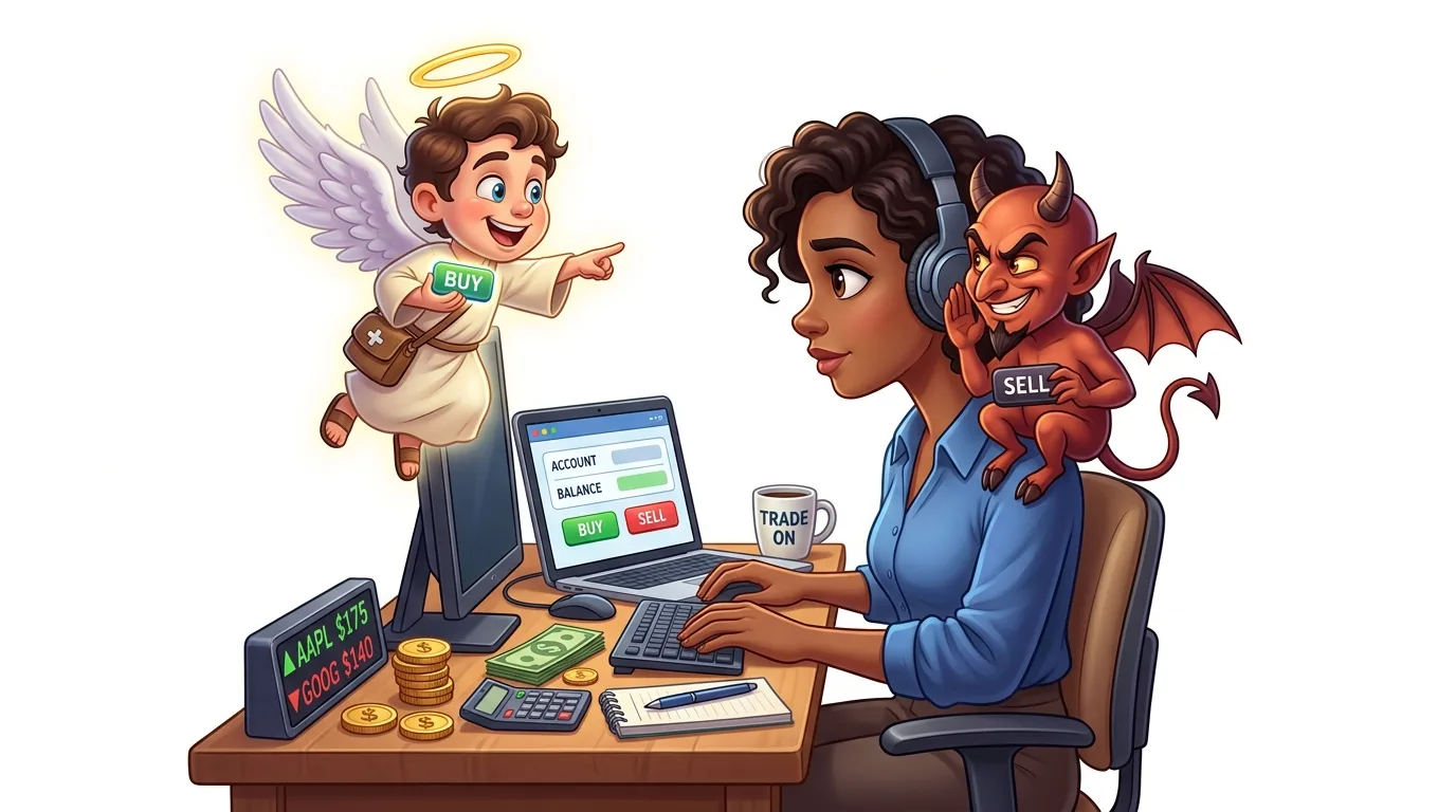 A woman at a desk with an angel advising "BUY" and a devil advising "SELL" on her shoulders.