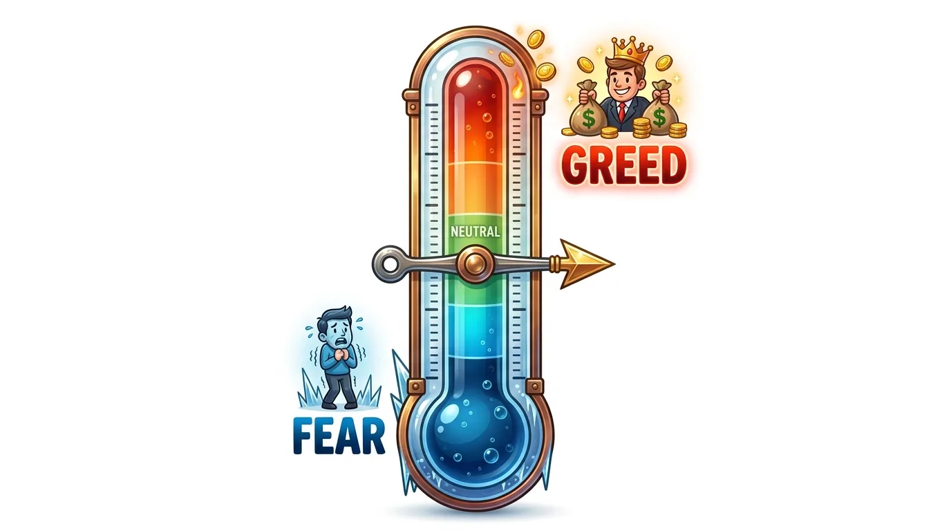 A cartoon image depicting a "Fear & Greed" index with a thermometer showing a neutral reading.