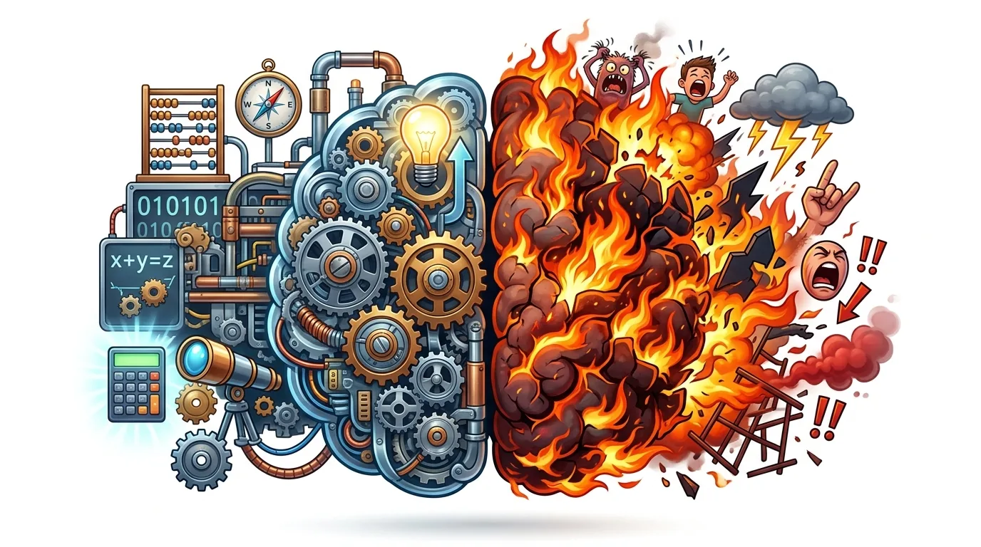 A brain split into a logical, mechanical side and an emotional, chaotic, fiery side.