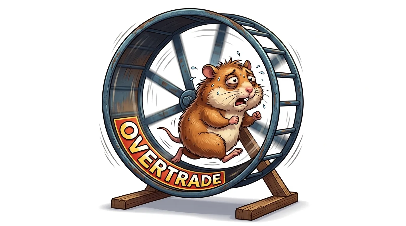 A tired hamster runs frantically on a wheel labeled "OVERTRADE" against a white background.