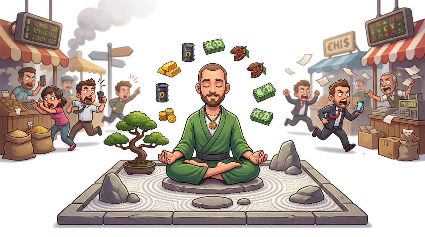 A calm man meditates amidst market chaos, surrounded by symbols of finance and commodities.