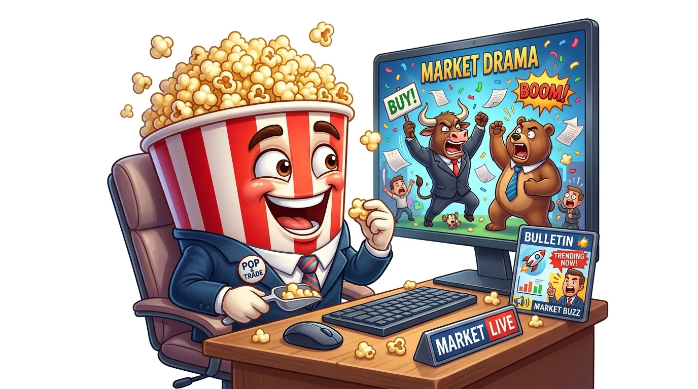 A popcorn bucket character in a suit watches "Market Drama" on a computer, eating popcorn.