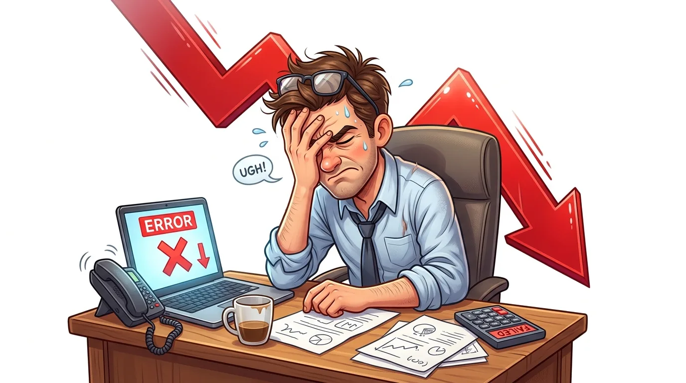 A stressed man at a desk with a laptop showing an error and a calculator displaying "FAILED", with a large red downward arrow in the background.