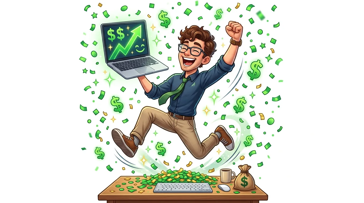 A joyful man jumps with a laptop showing a rising stock chart, surrounded by falling money.