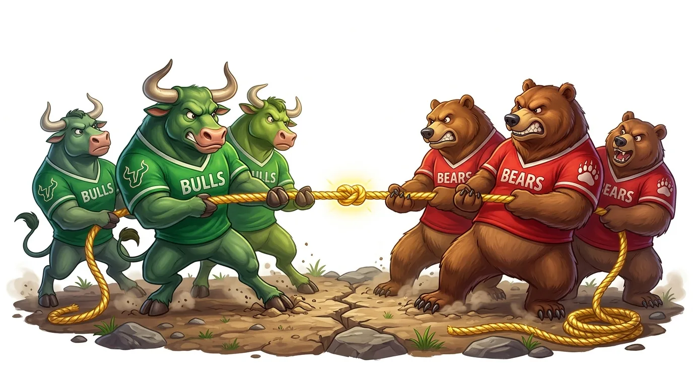 Cartoon bulls in green shirts and bears in red shirts engaged in a tug-of-war.